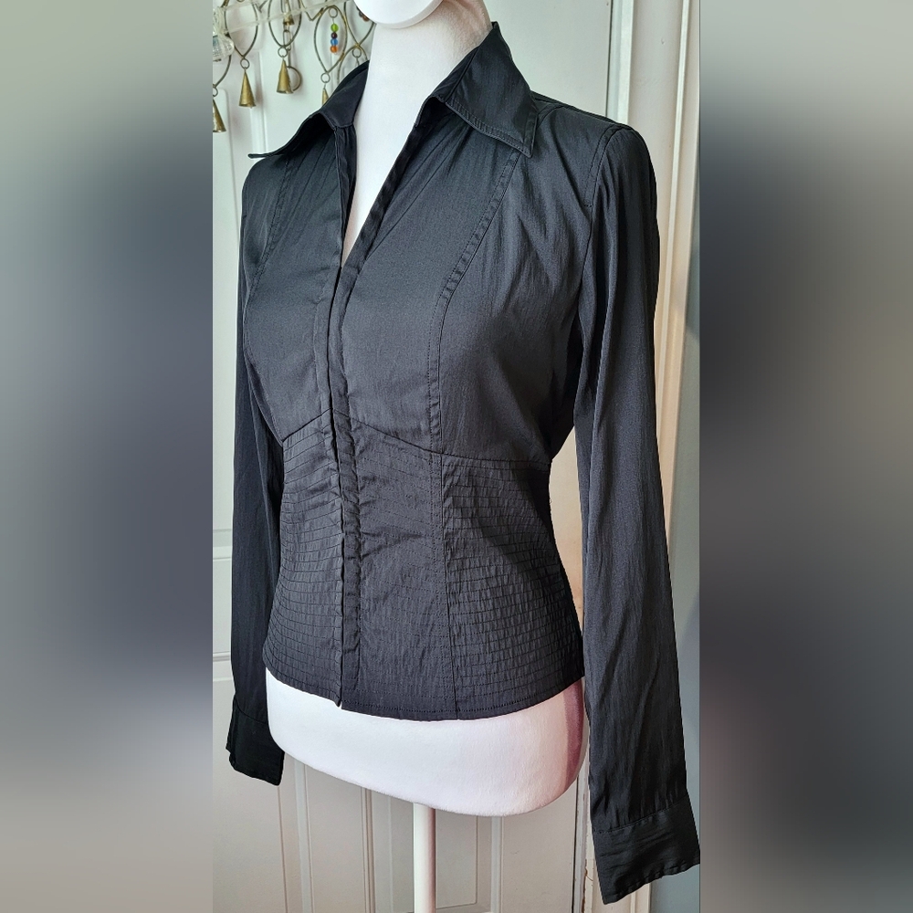 Y2K Vintage Charlotte Russe Faux Corset Long-sleeve Blouse Womens M Black Stretc - Picture 2 of 13